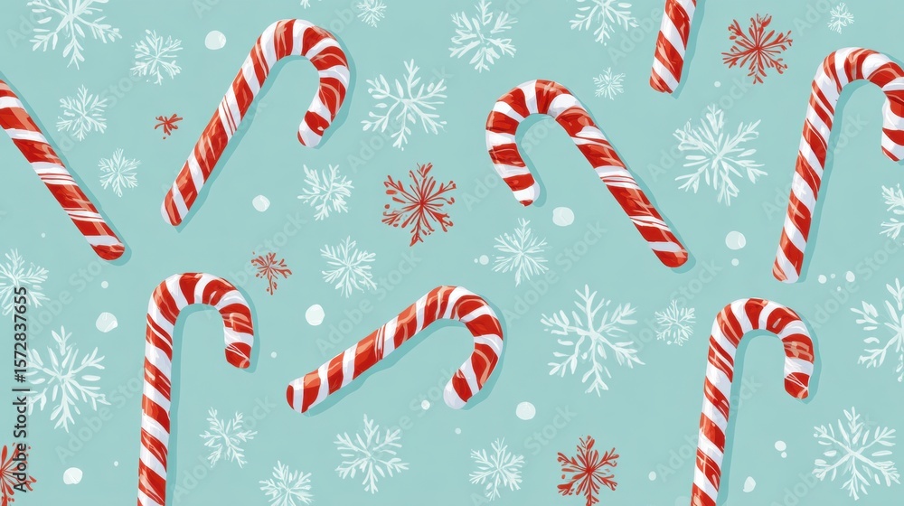 Poster multiple red and white candy canes scattered on a blue background with white snowflake patterns.