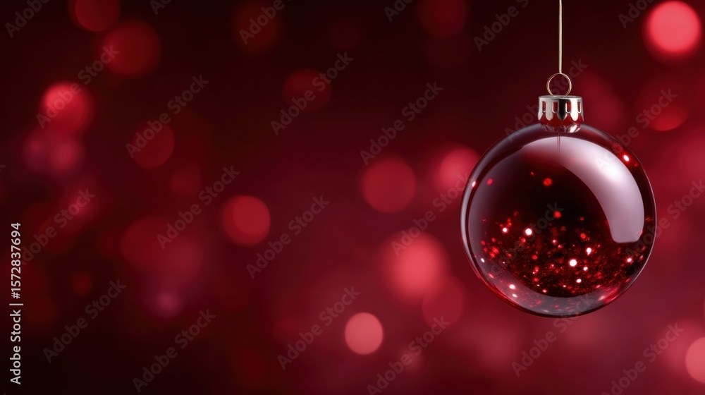 Poster close-up of a shiny red christmas ornament hanging from a string with soft festive lighting.