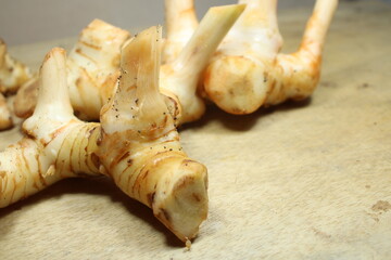 fresh galangal roots with distinct knobby texture arranged on a rustic wooden surface highlighting an essential ingredient in Southeast Asian cuisine