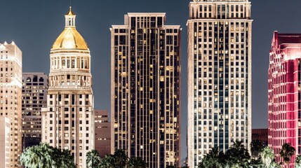 Silhouette of city skyline with tall buildings and palm trees against a clear blue sky.