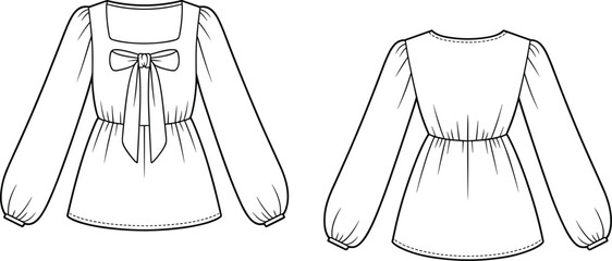 Stylish Women's Blouse Design: Elegant Long Sleeve Top with Bow Back Detail, Trendy Square Neckline Apparel, Fashion Flat Sketch for Clothing Mockup and Pattern.
