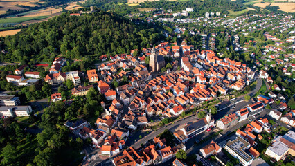 Aerial view around the old town in the city Homberg in hessen on an sunny spring afternoon in...