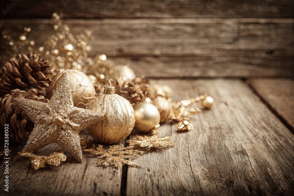 Poster assorted festive ornaments and pine cones arranged on a rustic wooden table in natural light.