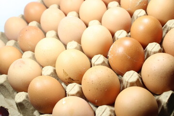 fresh brown chicken eggs neatly arranged in a full cardboard carton ready for grocery cooking
