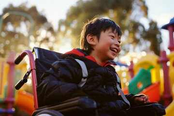 Happy disabled mixed race boy sitting in a wheelchair at a children's park playground. Candid inclusive image of a smiling handicapped asian child. Inclusion & diversity in deib school education - Powered by Adobe