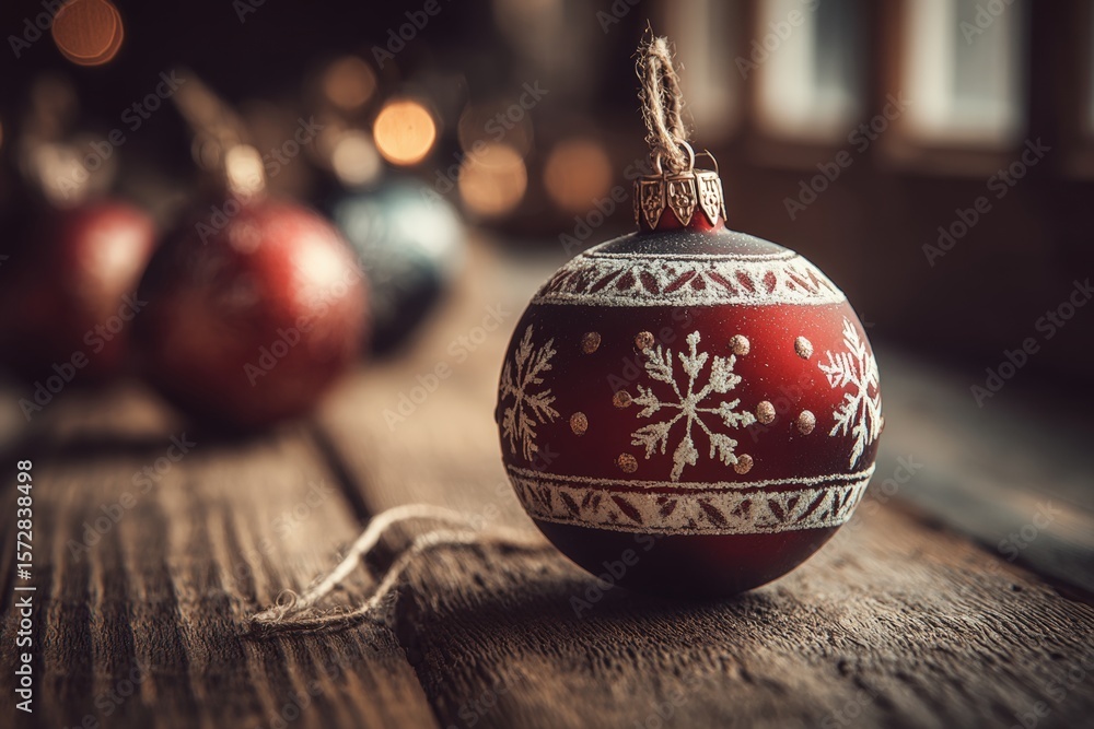 Poster three decorative ornaments linked by a string rest on a wooden table with soft natural lighting.