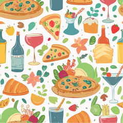 Whimsical Seamless Vector Pattern Featuring Hand-Drawn Illustrations of Food and Drinks, Including Italian and French Cuisine, Cocktails, Flowers, and Decorative Doodles.