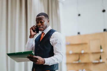 A professional man is multitasking by discussing on the phone and examining a report in a modern...