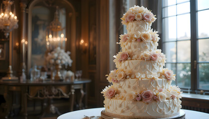 Elegant wedding cake placed on a table in front of a window with natural light coming in, highlighting its delicate and romantic design
