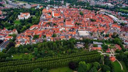 Aerial view around the old town in the city Celle on an sunny spring day	