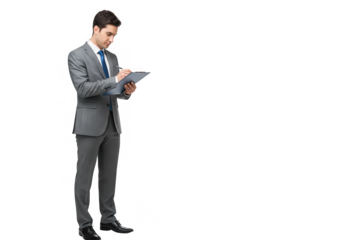 A businessman writing on a clipboard conducts an inspection on a transparent background