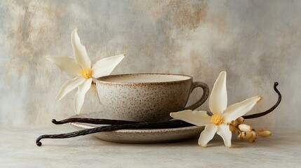 A cup of creamy vanilla chai, with vanilla pods, in a relaxing indoor setting with space for text