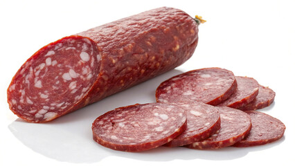 Smoked salami sausage slices, isolated on white, for a tasty breakfast or appetizer