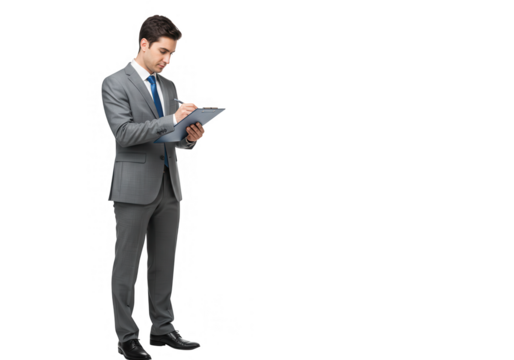 A businessman writing on a clipboard conducts an inspection on a transparent background - Powered by Adobe