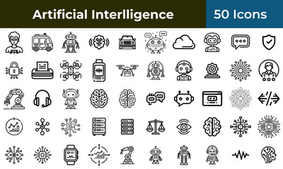 UI/UX icon set for artificial intelligence app and web design, featuring minimal outline symbols for dashboards and mobile interfaces.
