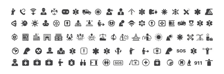 Black Healthcare Pictogram Icons Set for Medical Emergency with Transparent Background