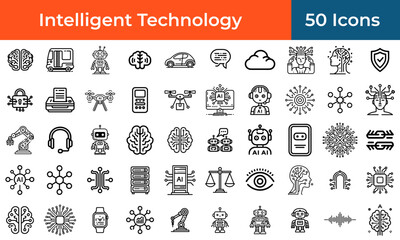 Artificial intelligence icon set for technology and robotics, a collection of outline vector symbols for automation and machine learning.
