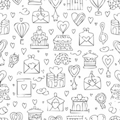 Seamless vector banner with romantic doodle drawings in line art style. Coquette background for valentine's day, wedding, dating event. Cute banner texture with outline whimsical illustrations