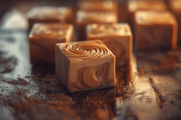 Homemade peanut butter fudge squares on rustic wooden table, selective focus candy photography with warm lighting