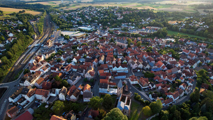 Aerial view around the old town in the city Treysa
34613 Schwalmstadt on an sunny spring day