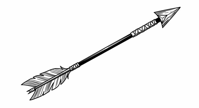 A detailed black and white drawing of an arrow with feather fletching and a wrapped arrowhead shaft - Powered by Adobe