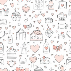 Seamless vector banner with romantic doodle drawings in line art style. Coquette background for valentine's day, wedding, dating event. Cute banner texture with outline whimsical illustrations