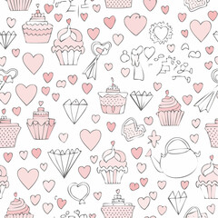 Seamless vector banner with romantic doodle drawings in line art style. Coquette background for valentine's day, wedding, dating event. Cute banner texture with outline whimsical illustrations