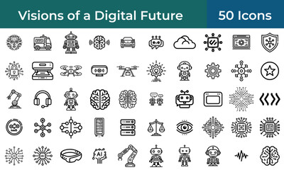 Futuristic icon set for conceptual artificial intelligence themes, with symbols for robotics, digital consciousness, and the future of technology.

