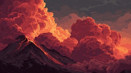 Pixel art depicting a volcano erupting, fiery orange clouds billowing from its peak, filling the sky with intense, dramatic light, creating a fiery, apocalyptic yet beautiful scene