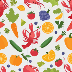Seamless vector pattern with contemporary art food illustrations. Vegetables, fruits, berries, lobster, fish in trendy geometric style on checkered background. Colorful abstract dinner party texture