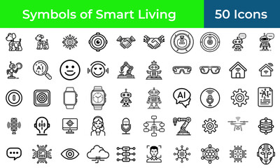 Robot and smart home icon set for personal AI and lifestyle automation, a collection of outline vector symbols for domestic technology.
