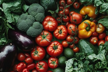 A Colorful Array of Fresh Vegetables Featuring Broccoli, Tomatoes, Peppers, and Leafy Greens Perfect for Healthy Meals and Vibrant Salads