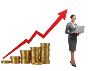 A businesswoman with a laptop stands next to a stack of coins and an upward arrow isolated on transparent background