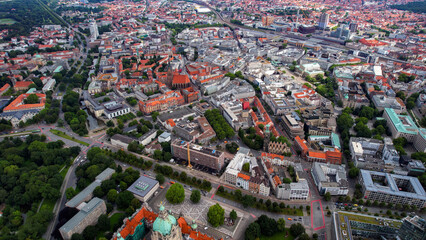 Aerial view around the old town in the city Hanover on an sunny spring day	