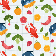 Seamless vector pattern with contemporary art food illustrations. Vegetables, fruits, berries, lobster, fish in trendy geometric style on checkered background. Colorful abstract dinner party texture