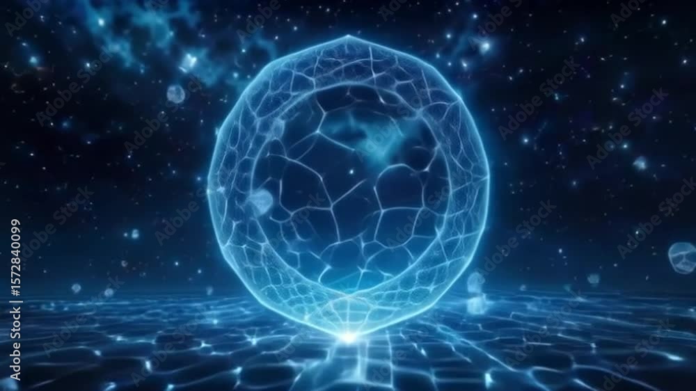 Poster abstract sphere in a dark starry environment a glowing fractured sphere floats above a rippled surfa