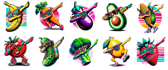 Set of vibrant cartoon fruits and vegetables doing the dab dance pose, featuring playful street-style characters with sunglasses in bold neon colors.