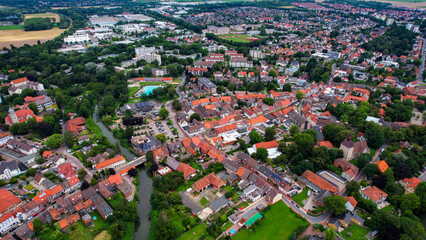 Aerial view around the old town in the city Hildesheim on an sunny spring day	