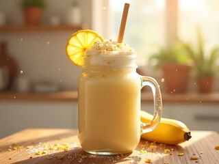 Banana Honey Shake: Banana milkshake with a touch of honey served in a mason jar, with a bright, blurry sunny kitchen background