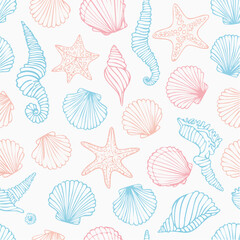 Seamless vector banner with hand drawn sea shells, conch, tentacle, starfish, corals. Outline marine drawings on wide background. Pattern with sketch silhouettes of seashore elements