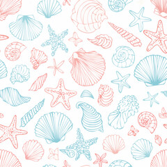 Seamless vector banner with hand drawn sea shells, conch, tentacle, starfish, corals. Outline marine drawings on wide background. Pattern with sketch silhouettes of seashore elements