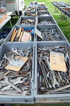 Trays of second hand tools at a swap meet