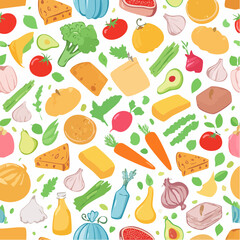Seamless vector banner with hand drawn supermarket products illustrations. Background with doodle food sketches. Concept for grocery delivery and shopping. Cooking ingredients pattern