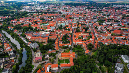 Aerial view around the old town in the city Hildesheim on an sunny spring day	
