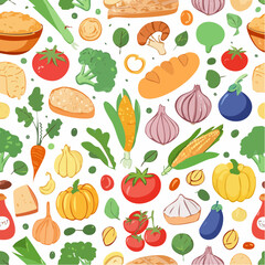 Seamless vector banner with hand drawn supermarket products illustrations. Background with doodle food sketches. Concept for grocery delivery and shopping. Cooking ingredients pattern