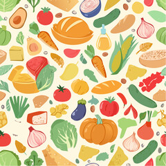 Seamless vector banner with hand drawn supermarket products illustrations. Background with doodle food sketches. Concept for grocery delivery and shopping. Cooking ingredients pattern