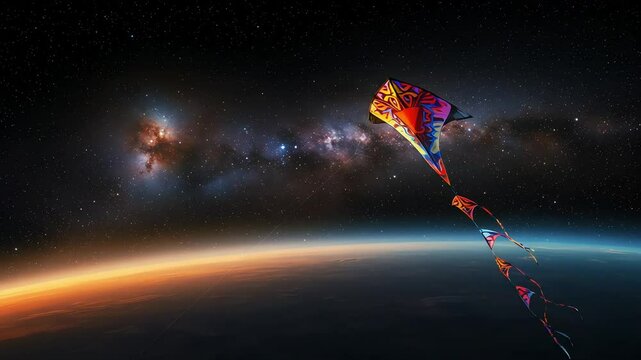 Colorful kite soaring through space above Earth, with a stunning view of the galaxy in the background