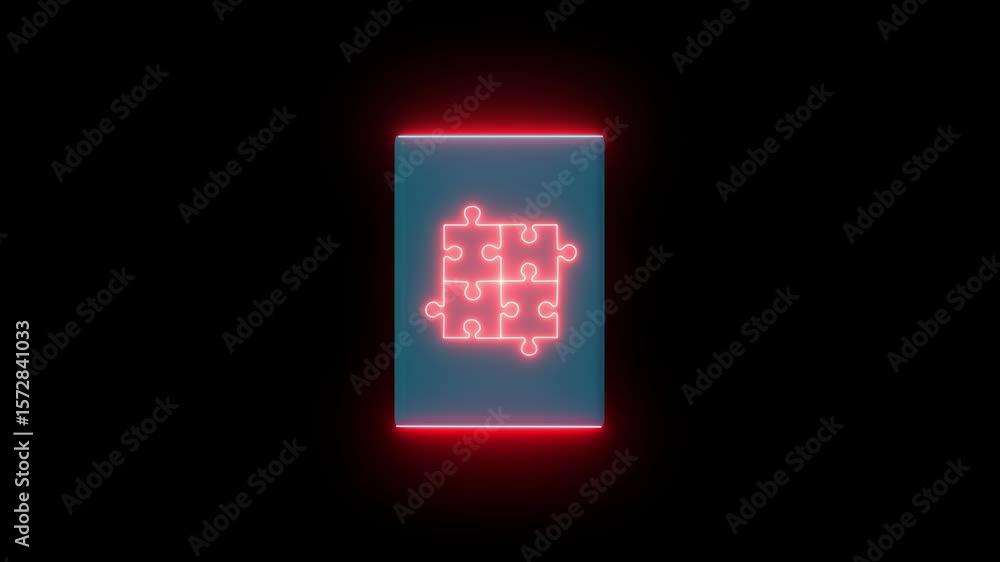 Poster glowing neon puzzling match icon isolated on black background. hd video motion graphic animation col