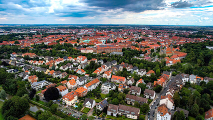 Aerial view around the old town in the city Hildesheim on an sunny spring day	