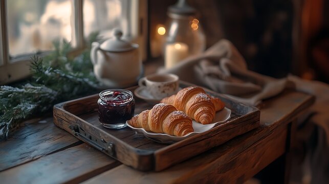 Serving Croissants and Jam on Tray by Window